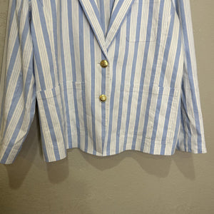 J Crew Blazer Womens Small Blue White Striped Linen Blend Gold Button BZ867 - Flair - Style