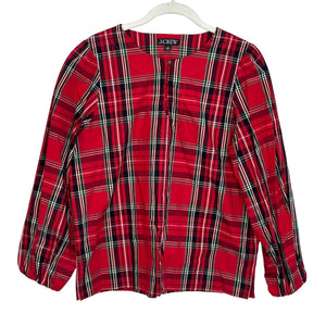 J Crew Holiday Top Blouse Size Medium Puff - Sleeve Poplin Good Tidings Red Plaid - Flair - Style