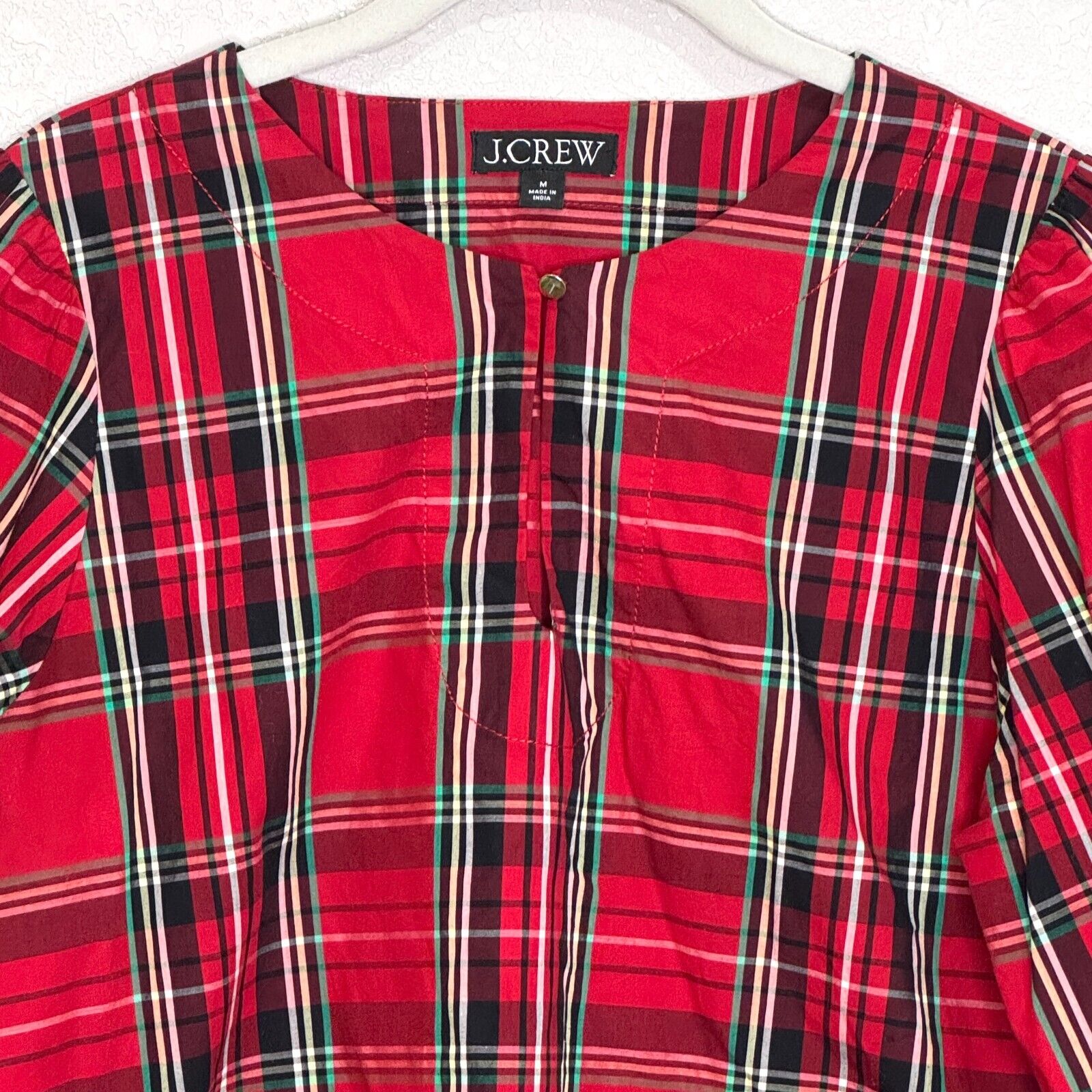J Crew Holiday Top Blouse Size Medium Puff - Sleeve Poplin Good Tidings Red Plaid - Flair - Style