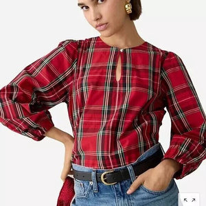 J Crew Holiday Top Blouse Size Medium Puff - Sleeve Poplin Good Tidings Red Plaid - Flair - Style