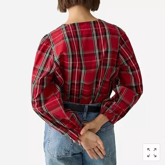 J Crew Holiday Top Blouse Size Medium Puff - Sleeve Poplin Good Tidings Red Plaid - Flair - Style