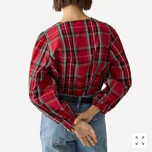 J Crew Holiday Top Blouse Size Medium Puff - Sleeve Poplin Good Tidings Red Plaid - Flair - Style