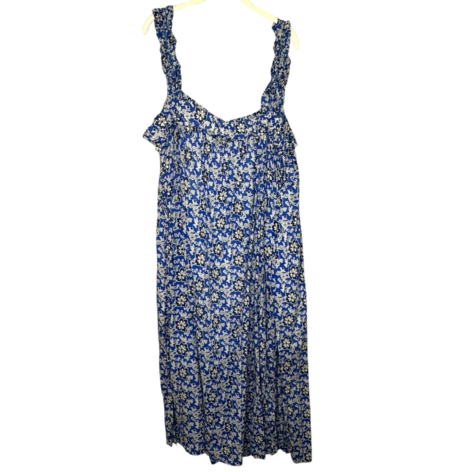 J. Crew Midi Dress Size 2X Cotton Ruffle - Trim Cobalt Blue Floral - Flair - Style
