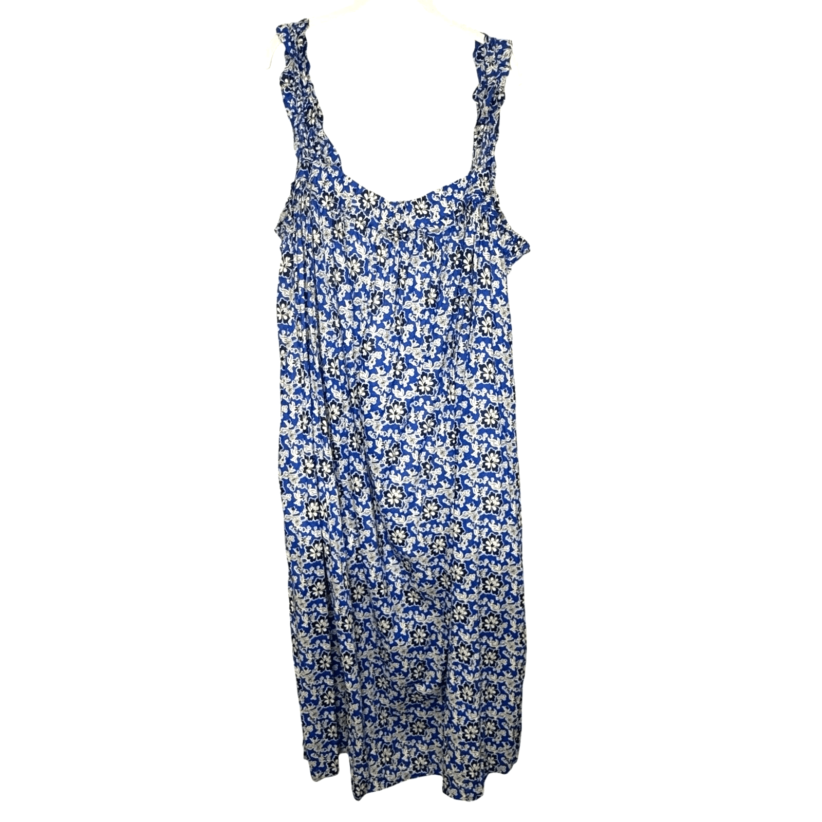 J. Crew Midi Dress Size 2X Cotton Ruffle - Trim Cobalt Blue Floral - Flair - Style