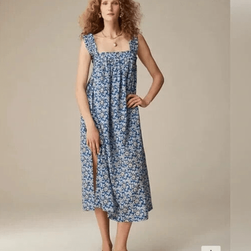 J. Crew Midi Dress Size 2X Cotton Ruffle - Trim Cobalt Blue Floral - Flair - Style