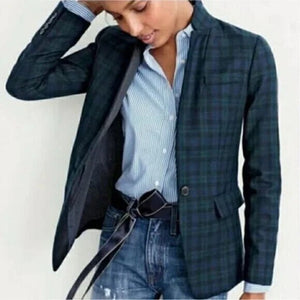 J. Crew Regent Blazer Jacket Size 6 Blue Green Black Plaid Wool Preppy Career - Flair - Style