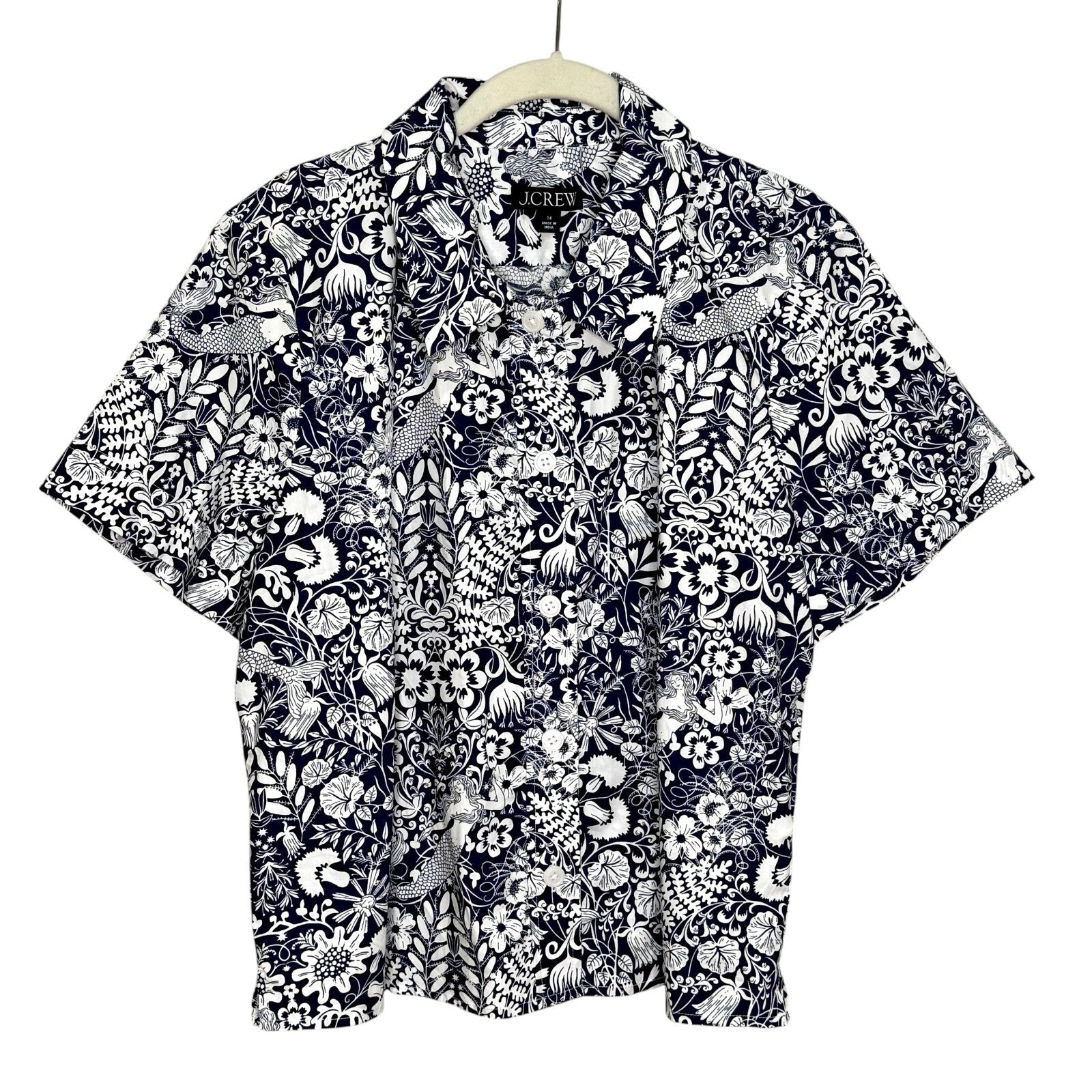 J Crew Shirt Womens 14 Mermaid Print Button Up Short Sleeve Summer 2023 - Flair - Style