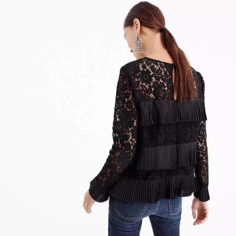J. Crew Top Size 00 Black Pleated Lace Top NEW $98 Body is Lined - Flair - Style