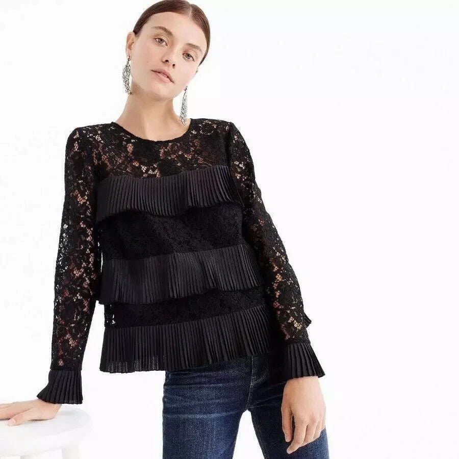 J. Crew Top Size 00 Black Pleated Lace Top NEW $98 Body is Lined - Flair - Style