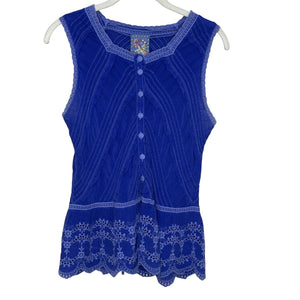 Johnny Was Tank Top Womens Small Blue Embroidered Button Front Sleeveless Boho - Flair - Style