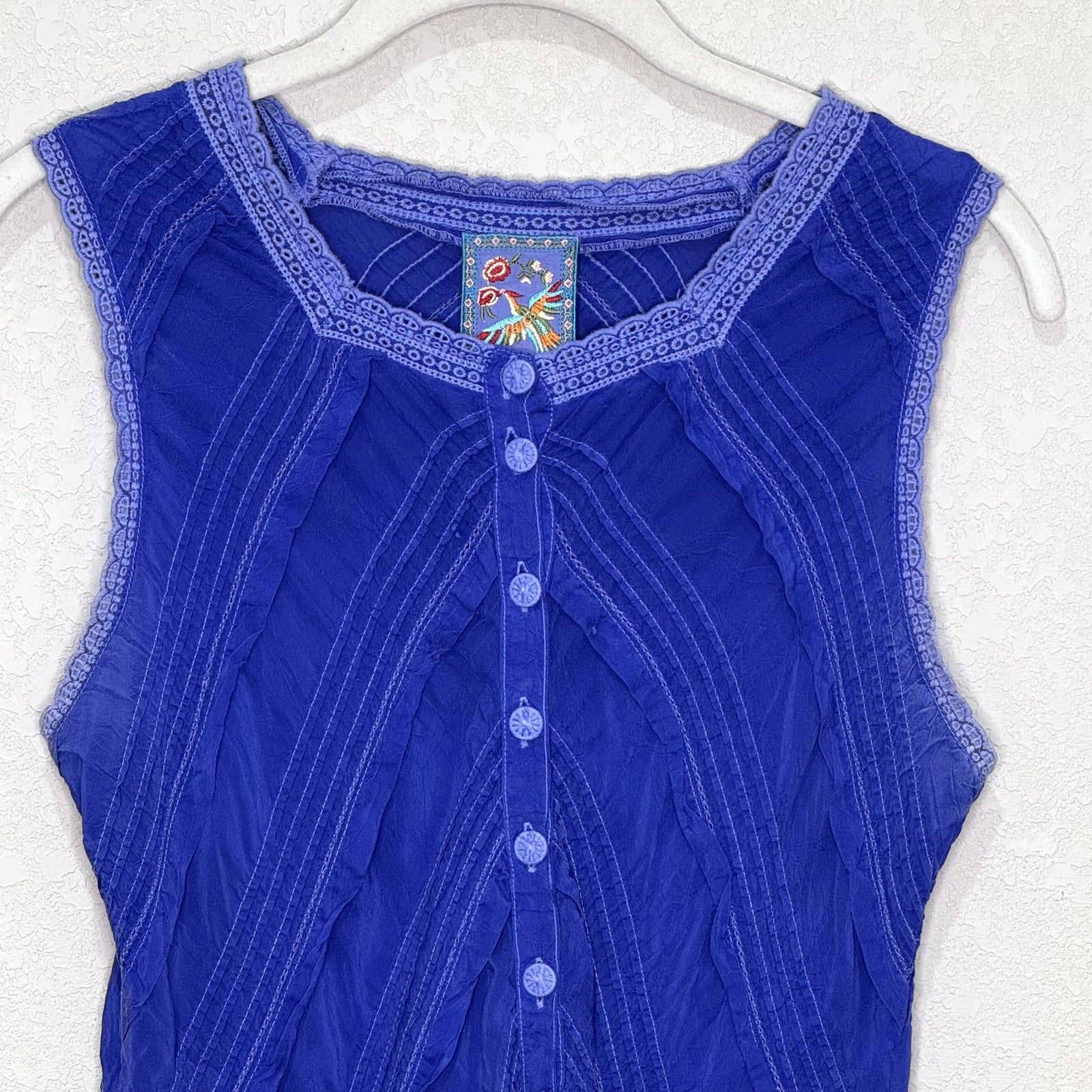 Johnny Was Tank Top Womens Small Blue Embroidered Button Front Sleeveless Boho - Flair - Style