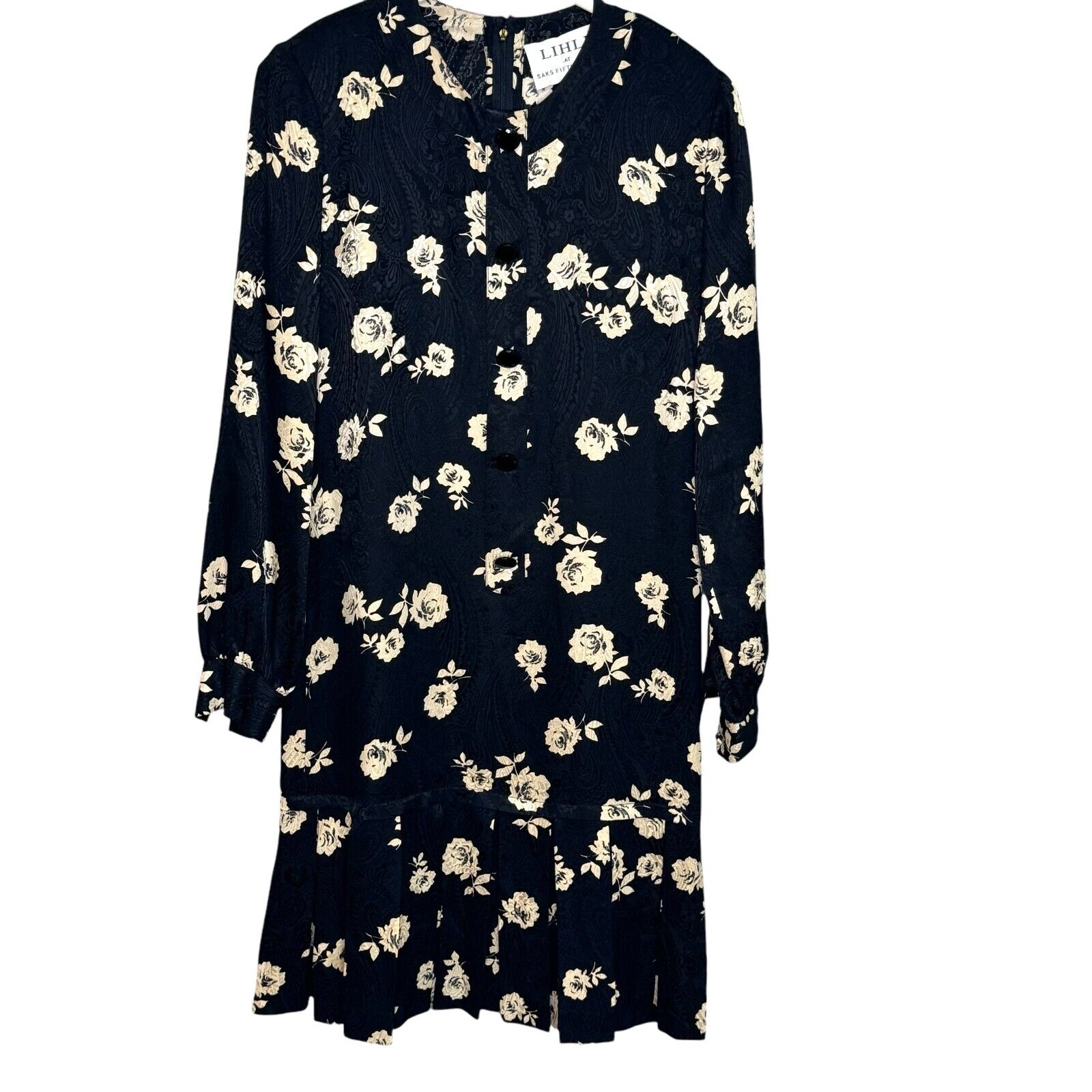 LIHLI Vintage Dress Size Large for Saks 5th Avenue Drop Waist Black Tan Floral - Flair - Style