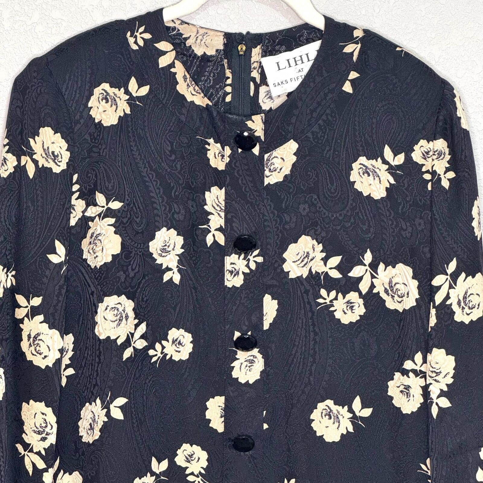 LIHLI Vintage Dress Size Large for Saks 5th Avenue Drop Waist Black Tan Floral - Flair - Style