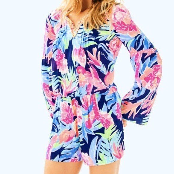 Lilly Pulitzer Ariele Romper High Tide Medium Beaded Long Sleeve Floral - Flair - Style