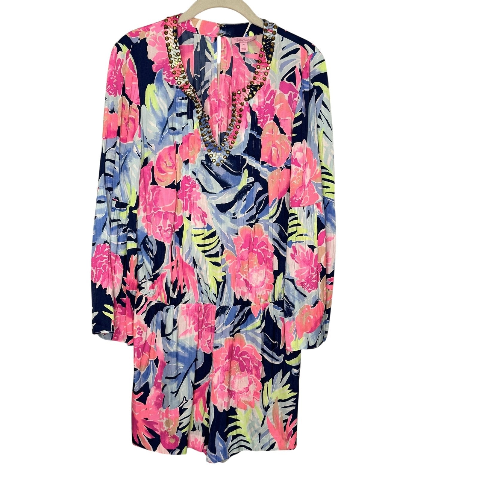 Lilly Pulitzer Ariele Romper High Tide Medium Beaded Long Sleeve Floral - Flair - Style