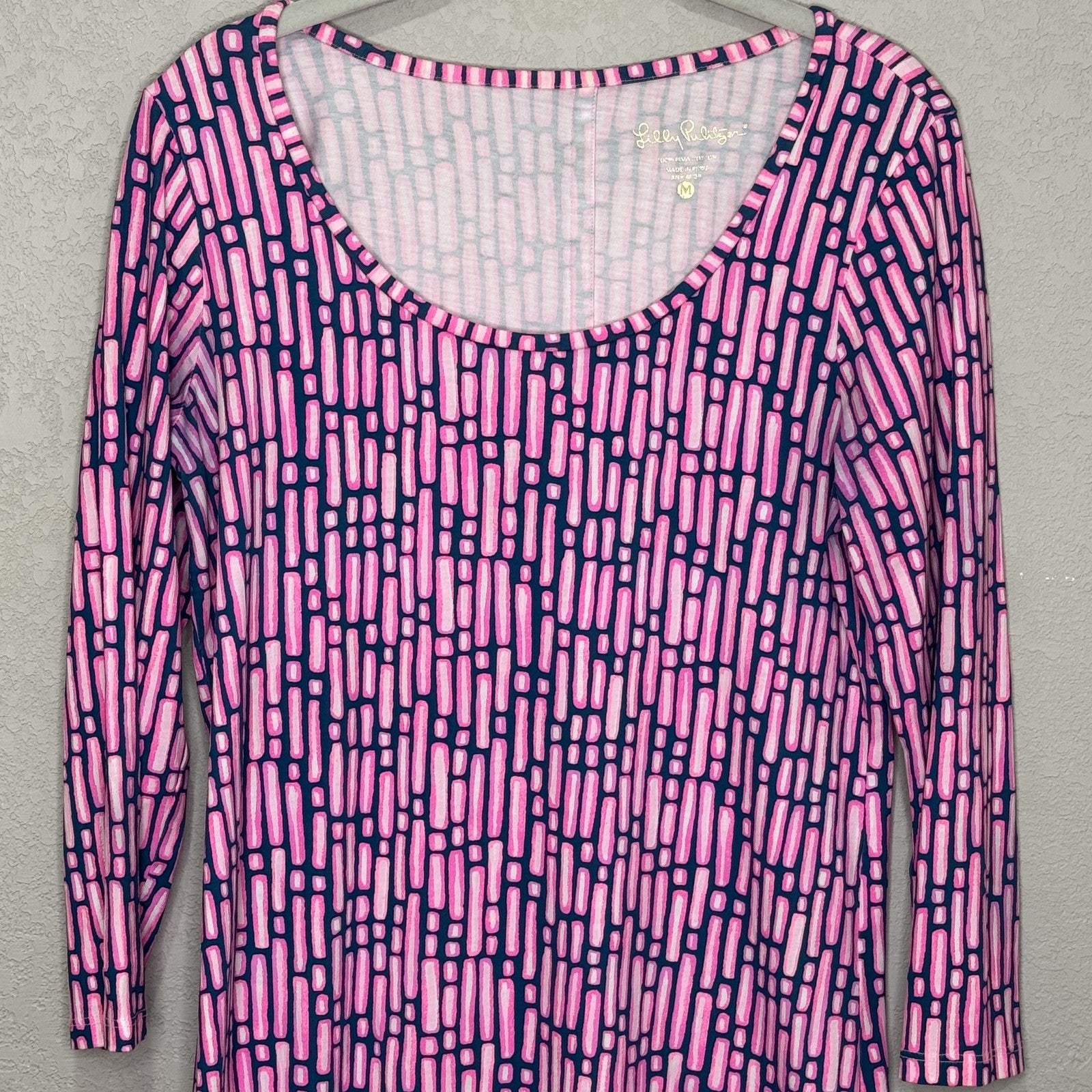 Lilly Pulitzer Dress Lulu Medium Pink Navy Blue Print 3/4 Sleeve Pima Cotton - Flair - Style