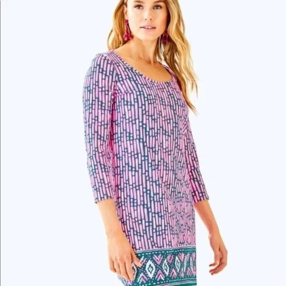 Lilly Pulitzer Dress Lulu Medium Pink Navy Blue Print 3/4 Sleeve Pima Cotton - Flair - Style