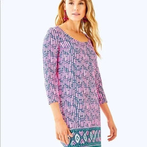 Lilly Pulitzer Dress Lulu Medium Pink Navy Blue Print 3/4 Sleeve Pima Cotton - Flair - Style