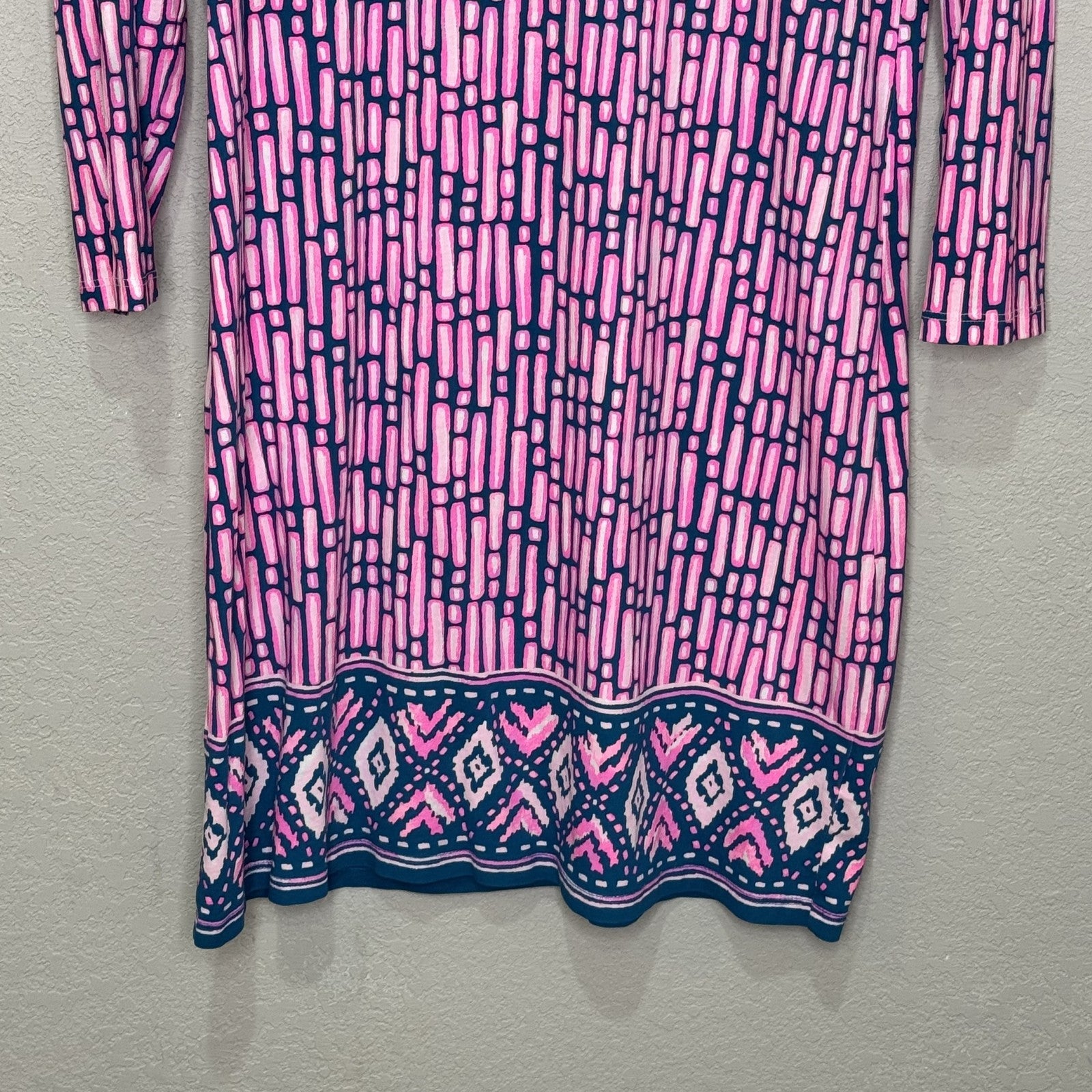 Lilly Pulitzer Dress Lulu Medium Pink Navy Blue Print 3/4 Sleeve Pima Cotton - Flair - Style