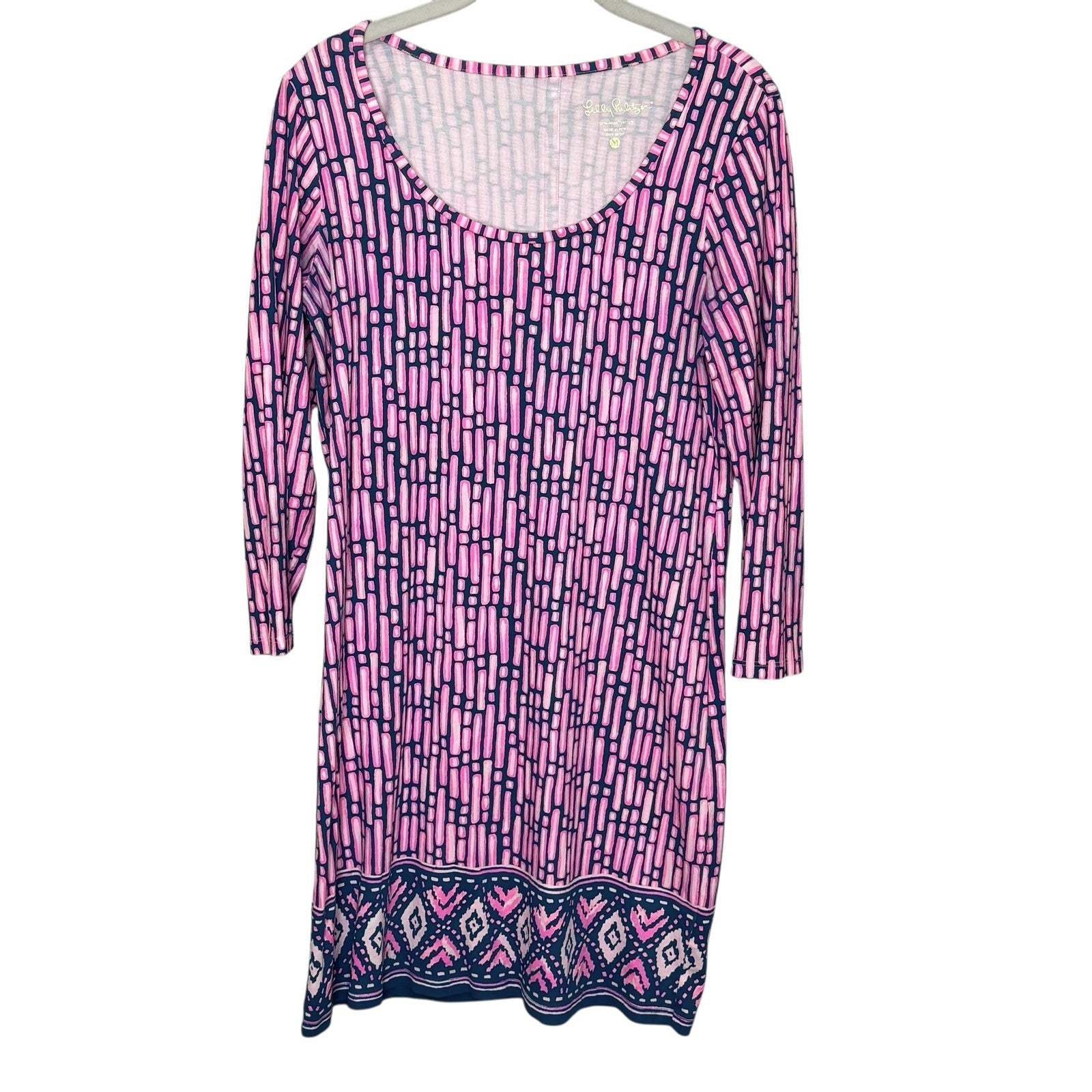 Lilly Pulitzer Dress Lulu Medium Pink Navy Blue Print 3/4 Sleeve Pima Cotton - Flair - Style