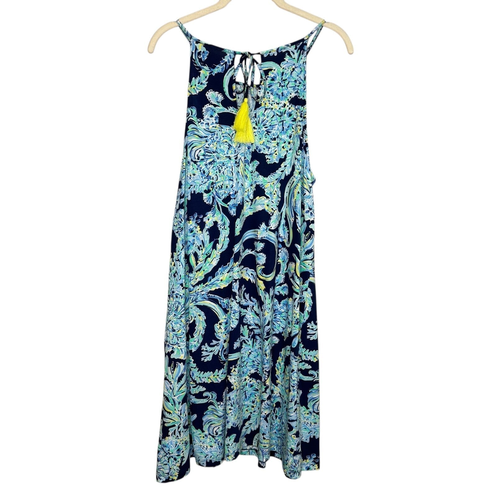 Lilly Pulitzer Halter Dress Size Large Blue Print High Tide Tassel Back Ties - Flair - Style