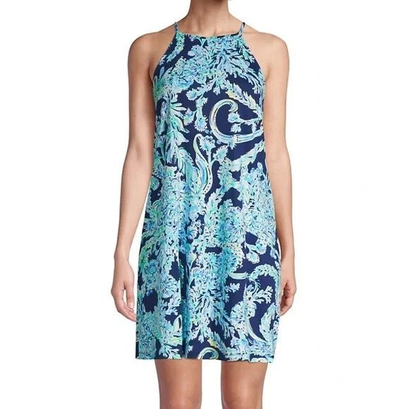 Lilly Pulitzer Halter Dress Size Large Blue Print High Tide Tassel Back Ties - Flair - Style