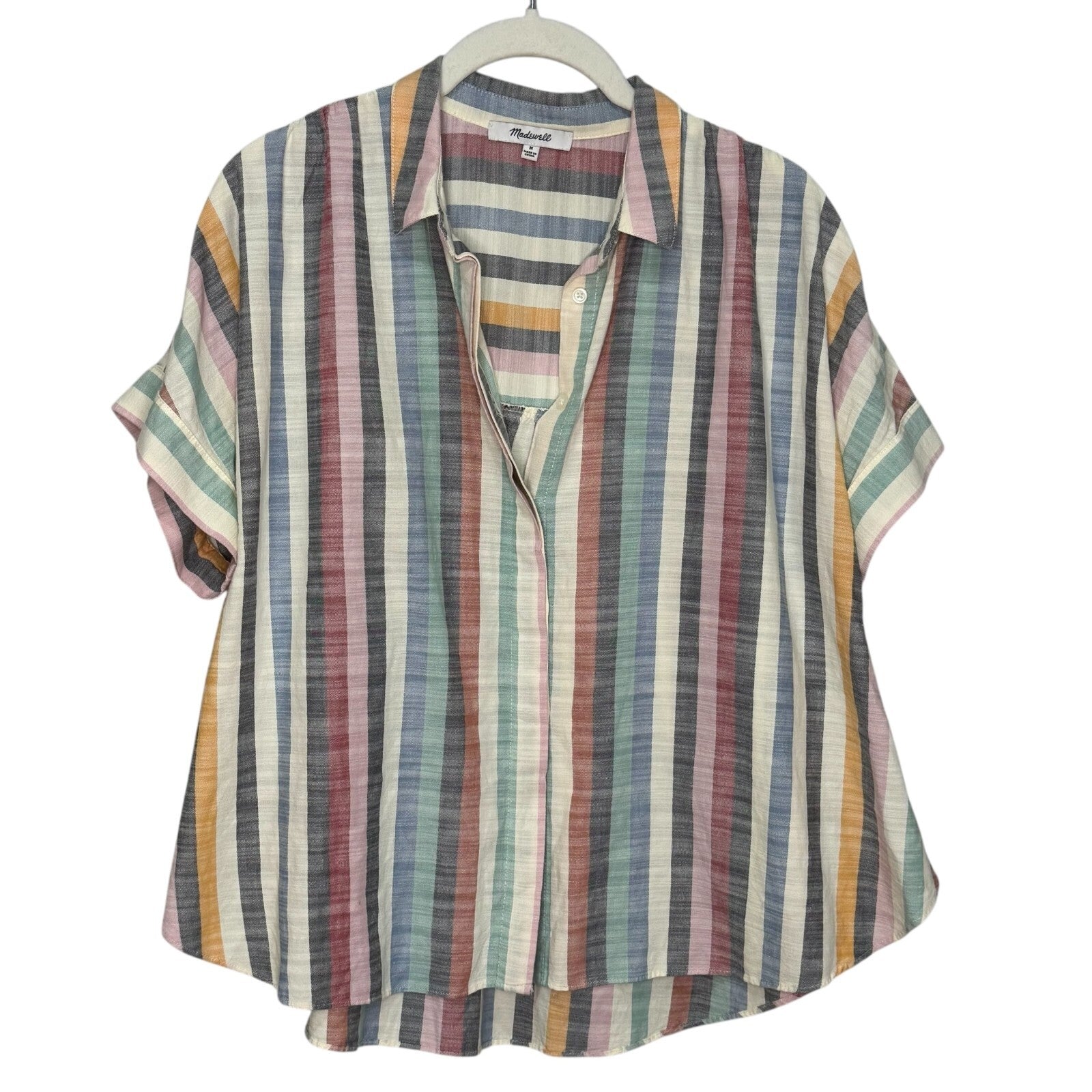 Madewell Shirt Medium Multicolor Striped Short Sleeve Cotton Viscose Boxy Top - Flair - Style