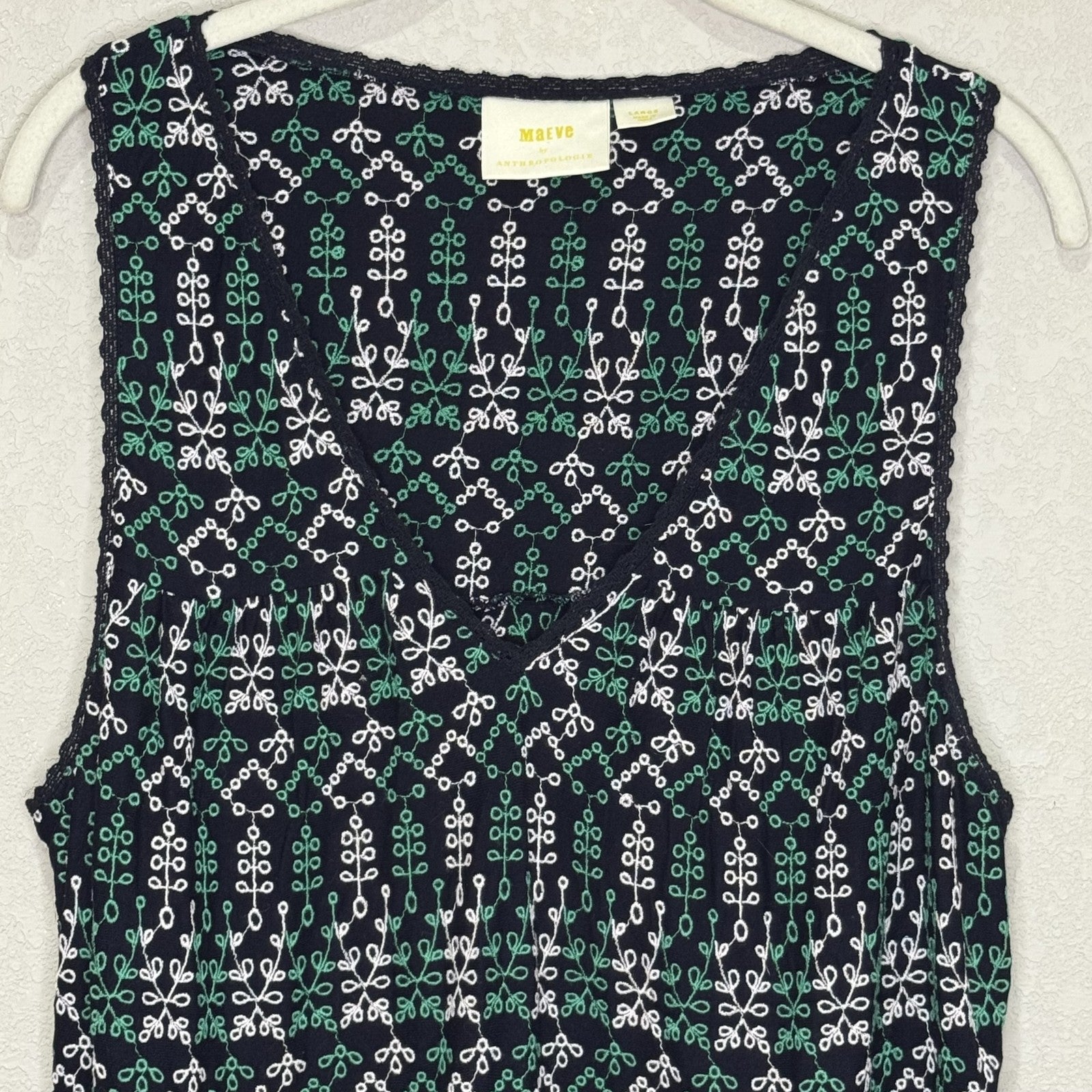 Maeve by Anthropologie Cammie Tank Top Large Black Green White Embroidered Boho - Flair - Style