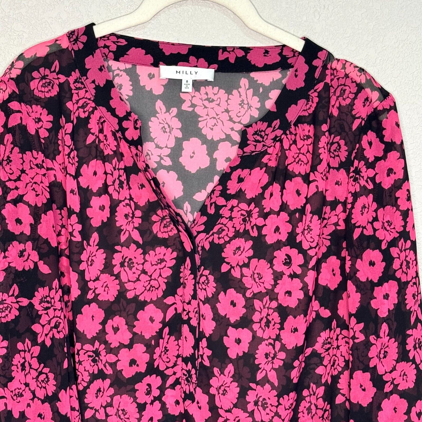 MILLY Blouse Shirt Size 8 Pink Black Brooke Floral Print Chiffon $210 - Flair - Style