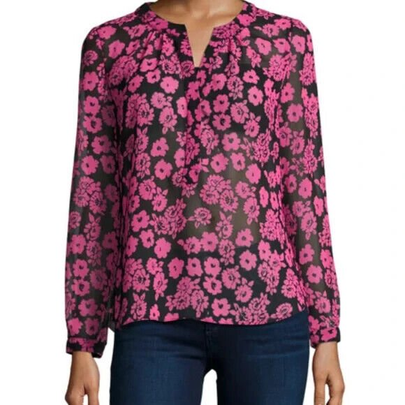 MILLY Blouse Shirt Size 8 Pink Black Brooke Floral Print Chiffon $210 - Flair - Style