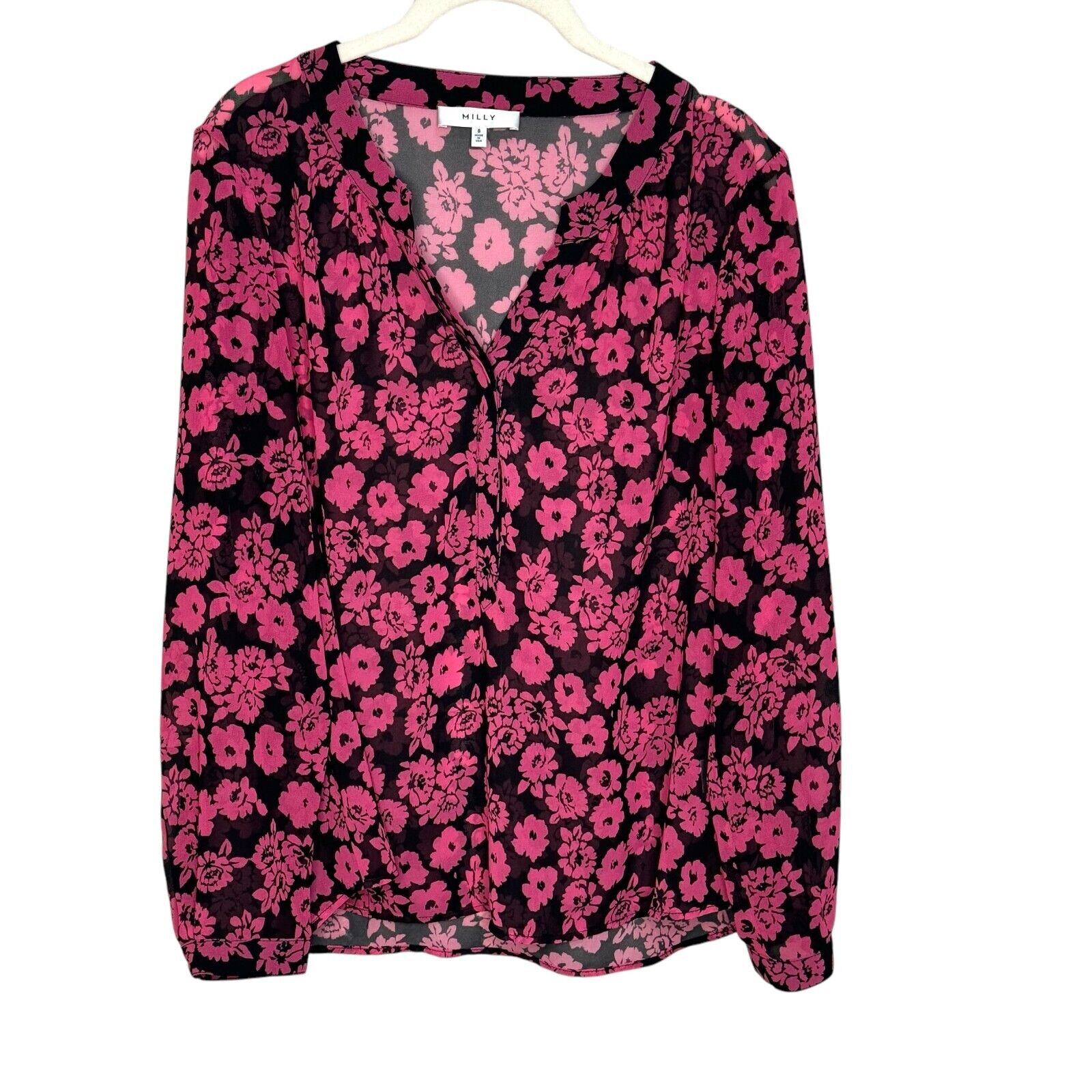 MILLY Blouse Shirt Size 8 Pink Black Brooke Floral Print Chiffon $210 - Flair - Style