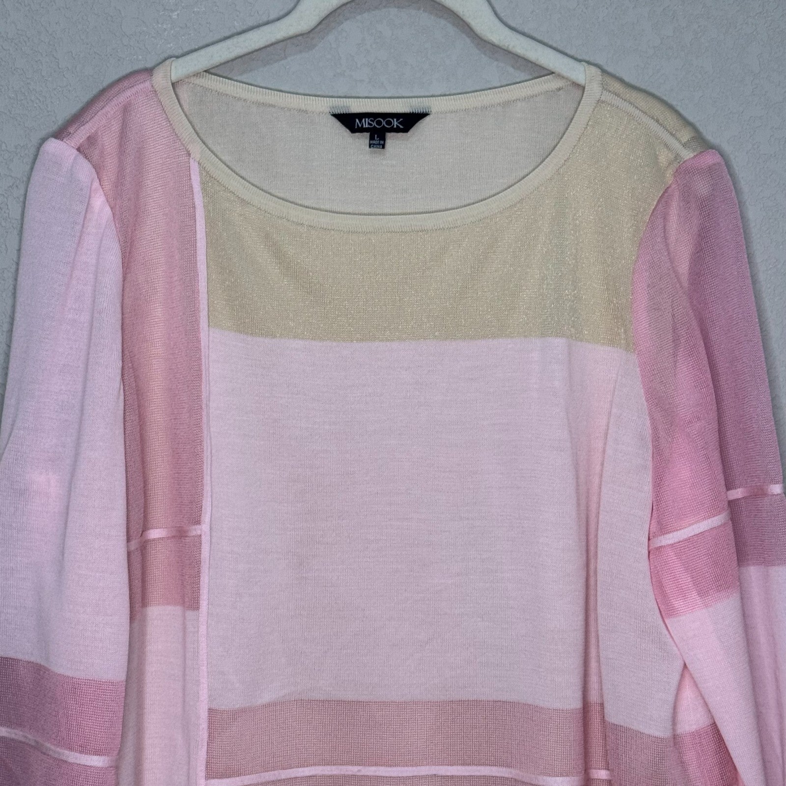 MISOOK Sweater Size Large Pink Sparkle Colorblock 3/4 Sleeve Lined - Flair - Style