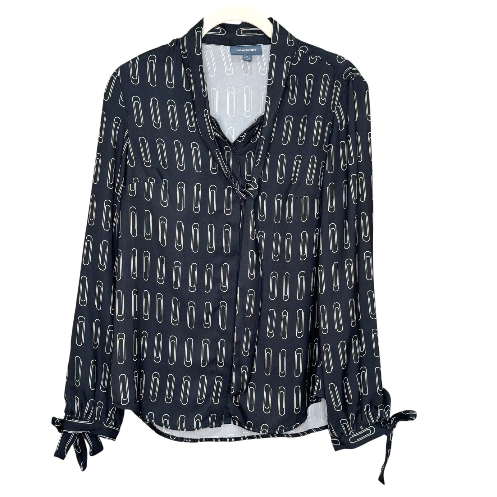 Modcloth Shirt Size Small Black Allover Paperclip Blouse Career Office - Flair - Style