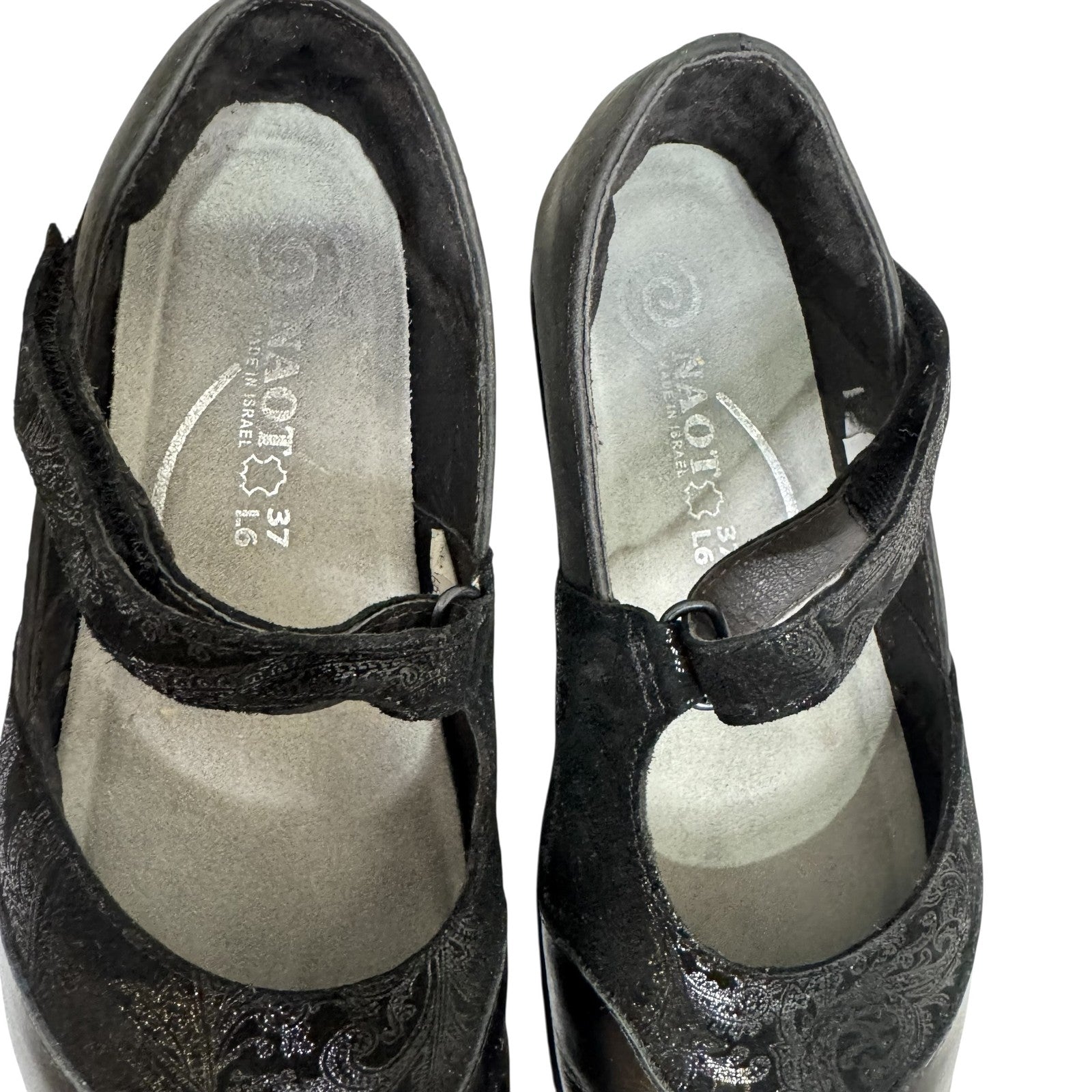 Naot Mary Jane Shoes Womens Size 37 Black Leather Velour Strap Comfort Walking - Flair - Style