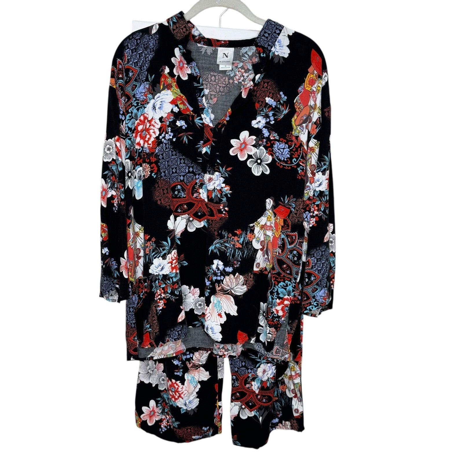 Natori Pajama Set Women's M Black Floral Asian Geisha Print Lounge Top & Pants - Flair - Style