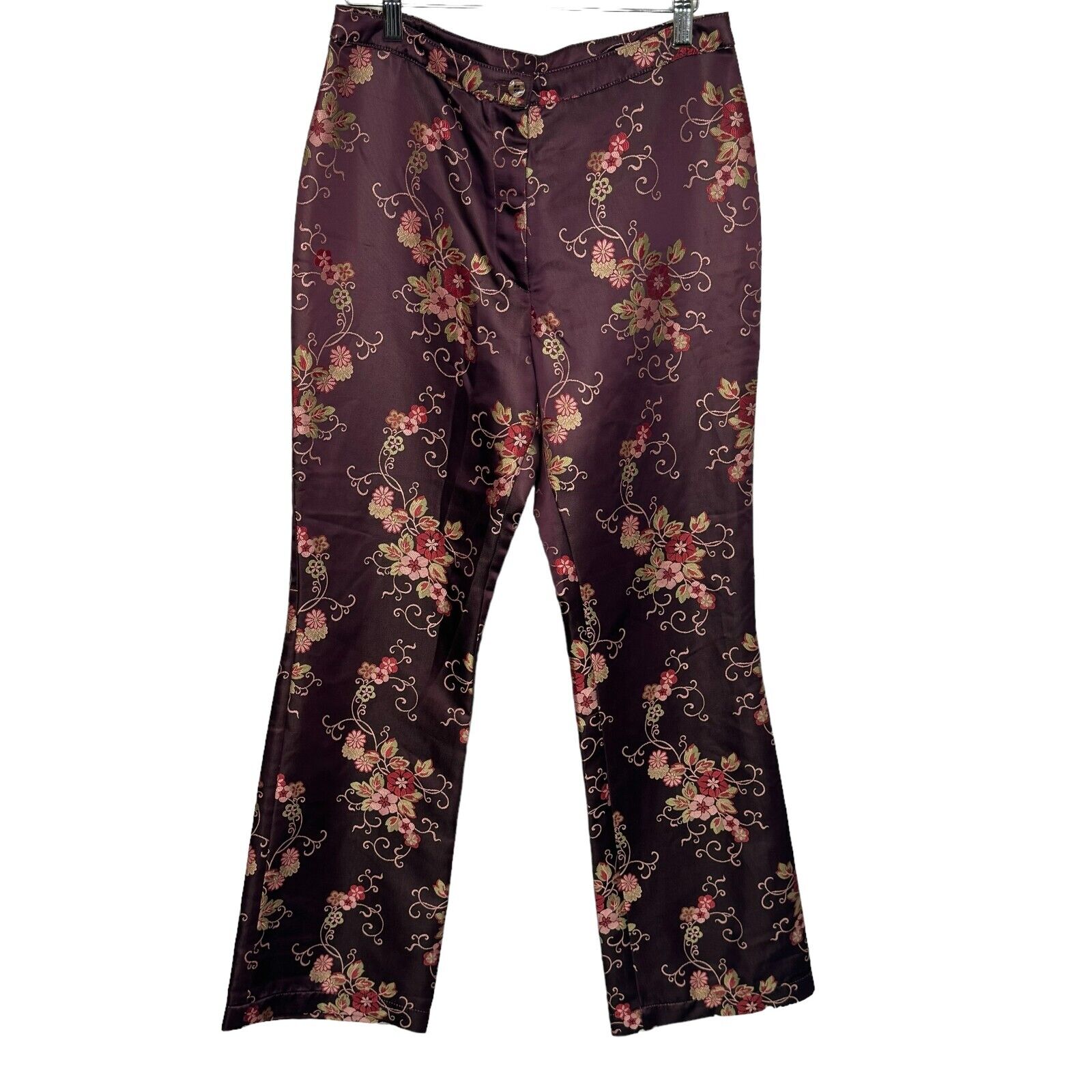 Oilily Women's Pants Size 38 Satin Burgundy Floral Ankle NEW $248 - Flair - Style