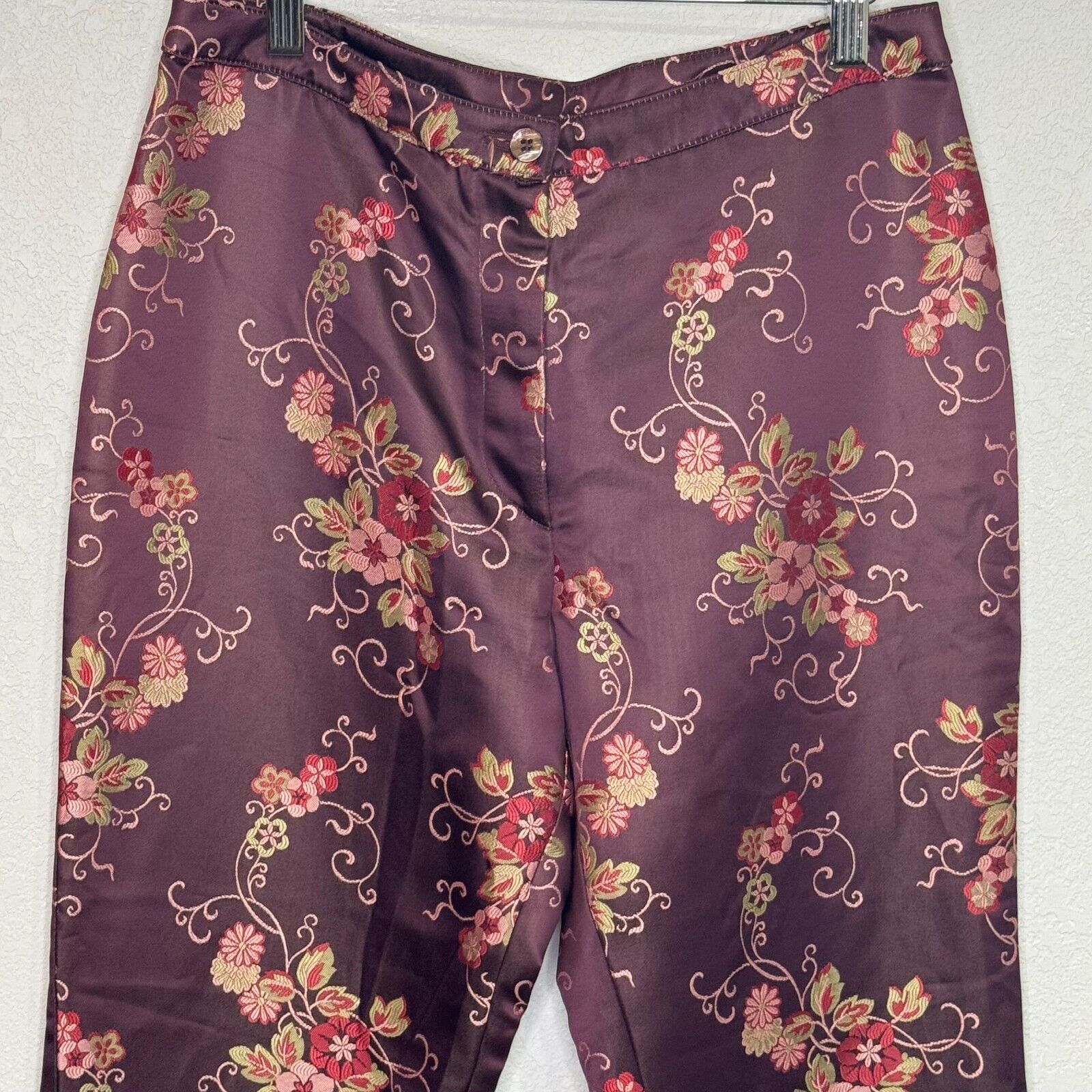 Oilily Women's Pants Size 38 Satin Burgundy Floral Ankle NEW $248 - Flair - Style