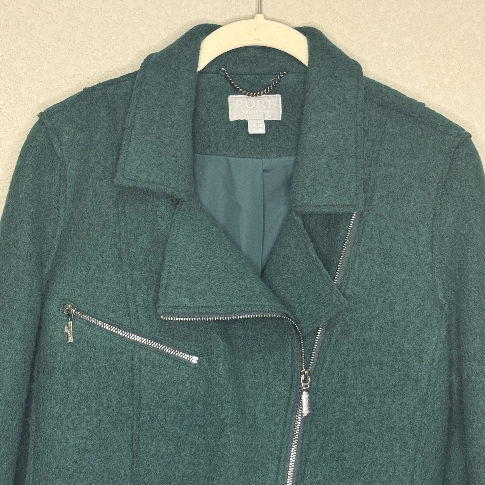 Pure Collection Jacket Womens US 6 Green Wool Blend Moto Zip Biker Pockets Chic - Flair - Style