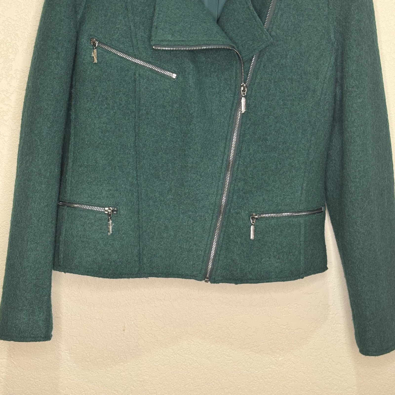 Pure Collection Jacket Womens US 6 Green Wool Blend Moto Zip Biker Pockets Chic - Flair - Style