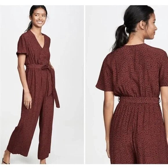 Rails V - Neck Jumpsuit Size Small Rust / Burgundy Spotted Animal Print - Flair - Style