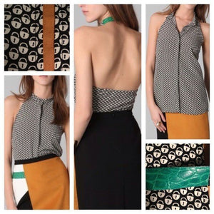 Sachin + Babi Halter Top Womens Medium Black White Lock Print Green Suede Trim - Flair - Style