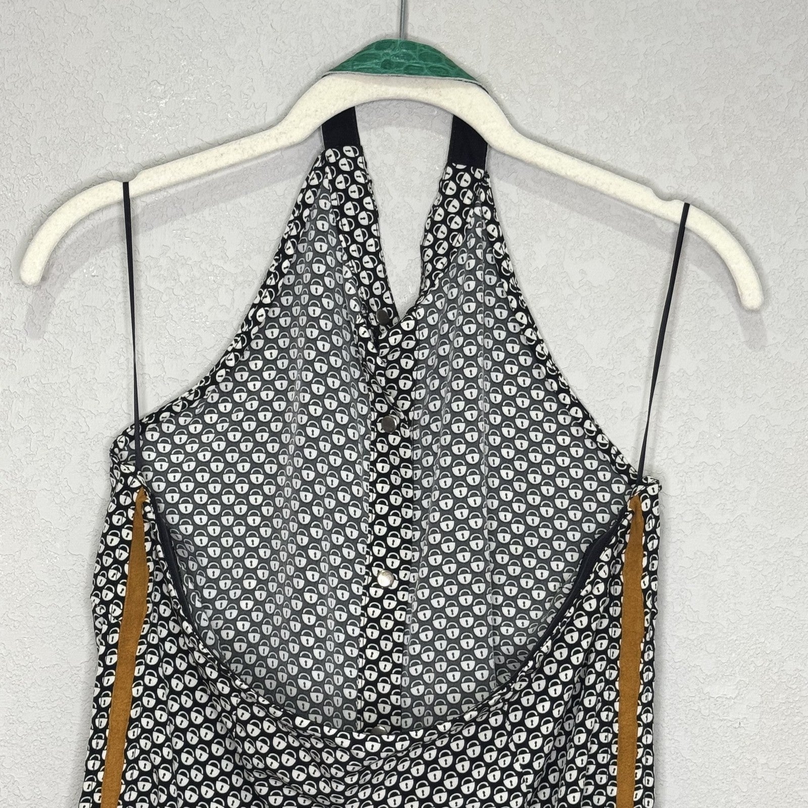 Sachin + Babi Halter Top Womens Medium Black White Lock Print Green Suede Trim - Flair - Style