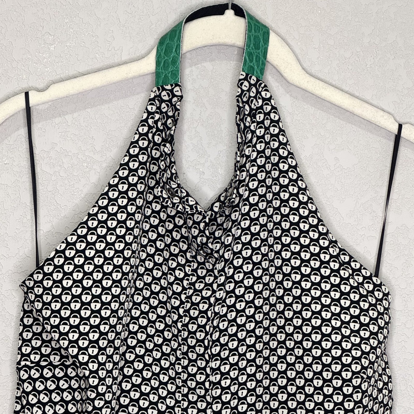 Sachin + Babi Halter Top Womens Medium Black White Lock Print Green Suede Trim - Flair - Style