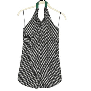 Sachin + Babi Halter Top Womens Medium Black White Lock Print Green Suede Trim - Flair - Style