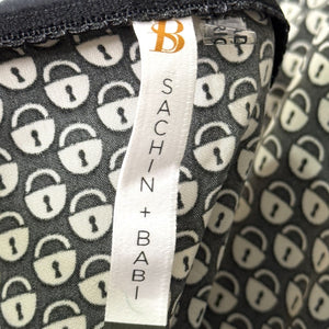 Sachin + Babi Halter Top Womens Medium Black White Lock Print Green Suede Trim - Flair - Style