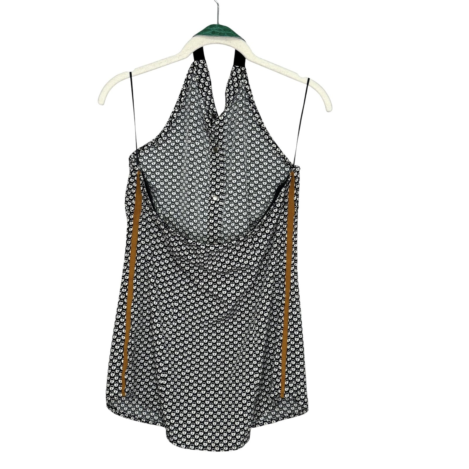 Sachin + Babi Halter Top Womens Medium Black White Lock Print Green Suede Trim - Flair - Style