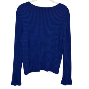 St. John Blue Ribbed Knit Top Size Large Long Sleeve Wool Rayon - Flair - Style