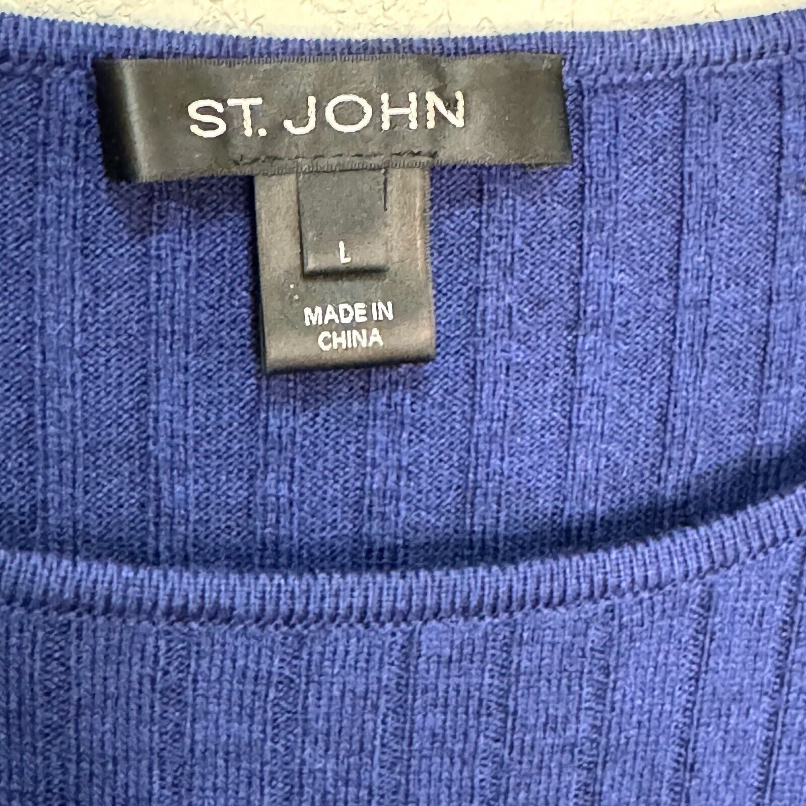St. John Blue Ribbed Knit Top Size Large Long Sleeve Wool Rayon - Flair - Style