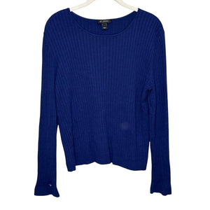 St. John Blue Ribbed Knit Top Size Large Long Sleeve Wool Rayon - Flair - Style