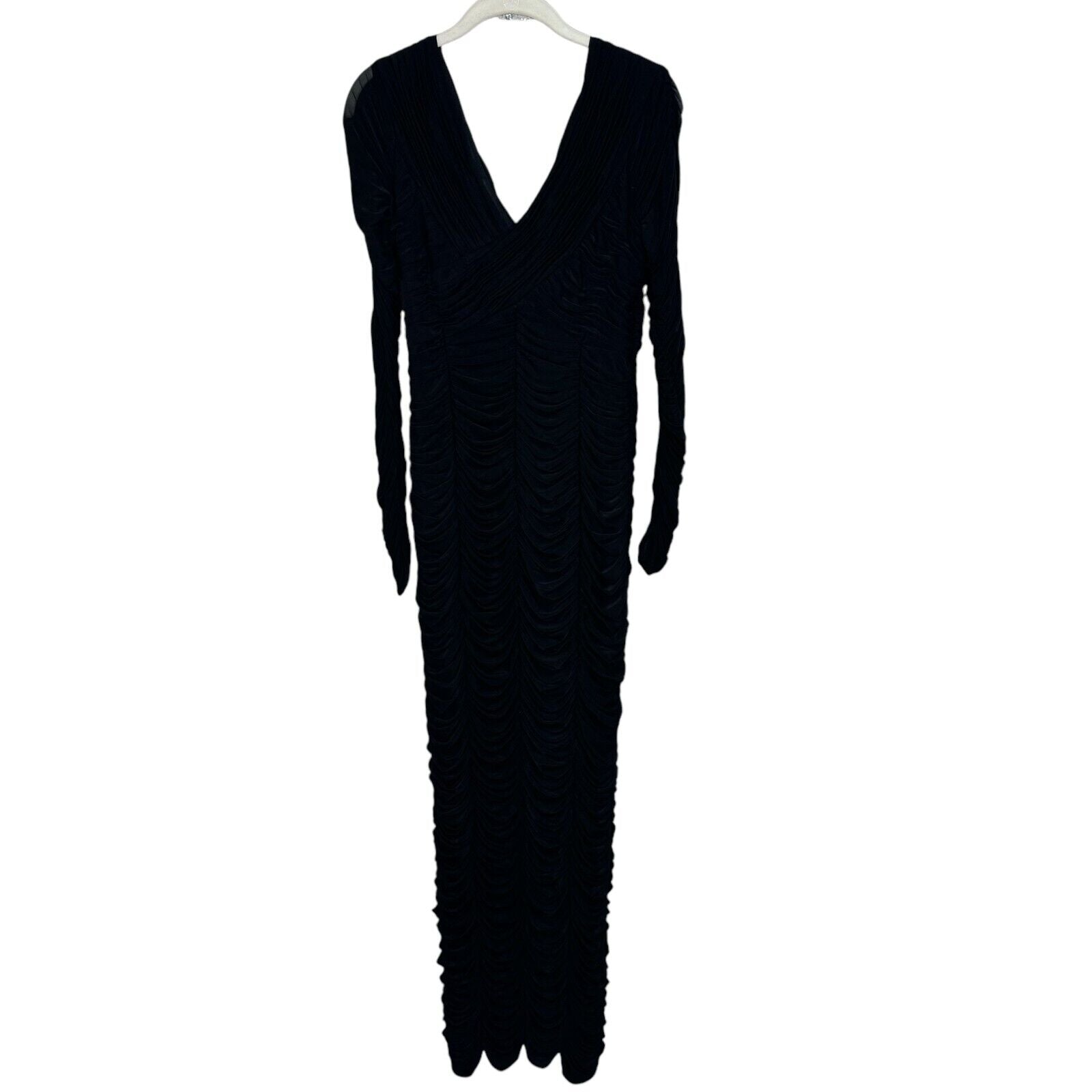 Sue Wong Nocturne Maxi Dress Gown Size 8 Black Long Sleeve Ruched - Flair - Style